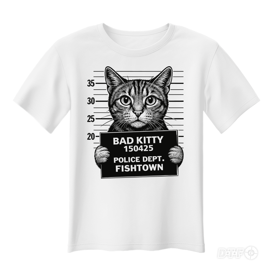 Принт "BAD KITTY" — кот преступник. Векторный макет для DTF печати.